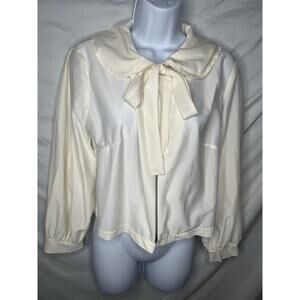 Bed Jacket White Bow Ties Nylon Bishop Sleeves Size Medium Vintage